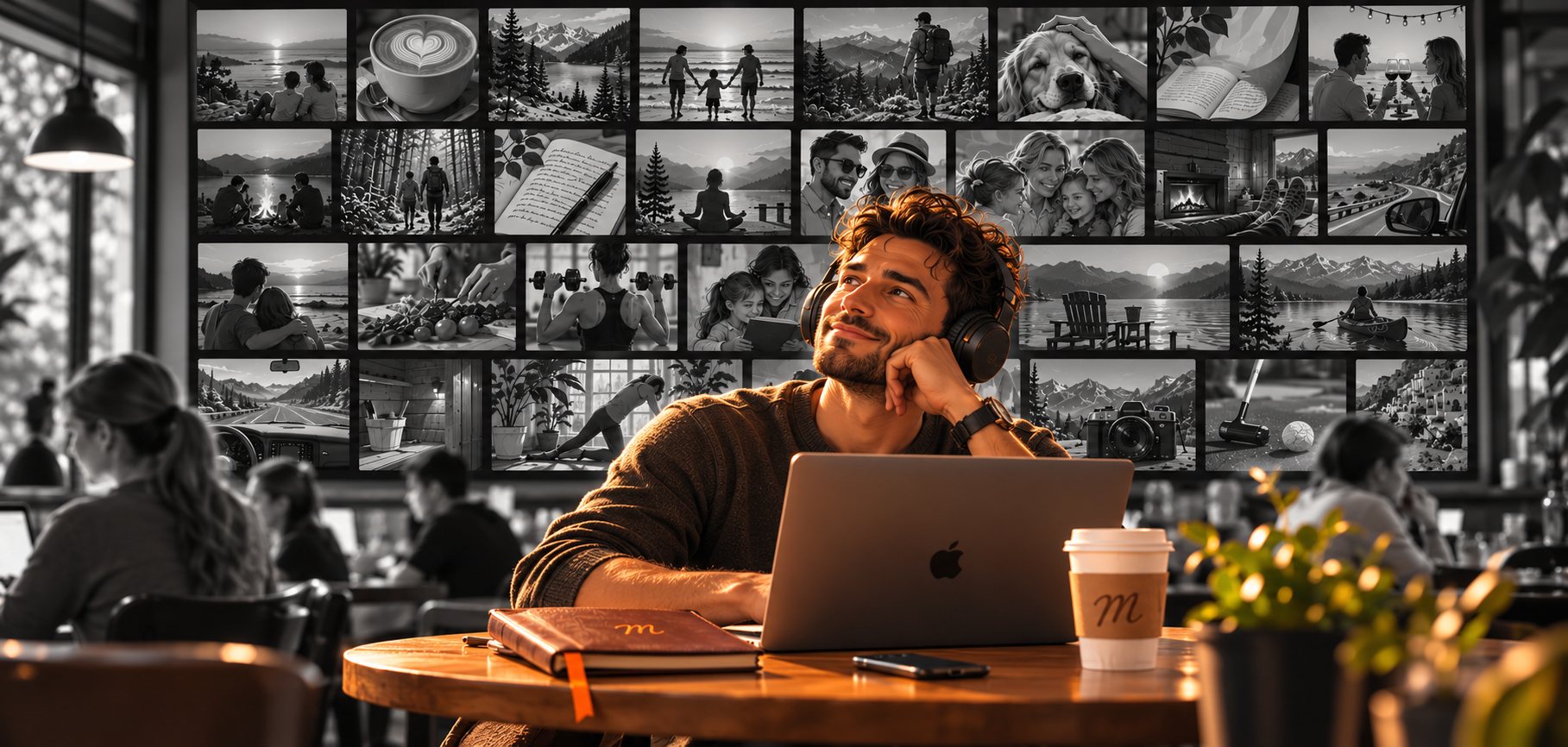 A man daydreaming over coffee in a café, a journal with an m on the table, a wall of small moments behind him