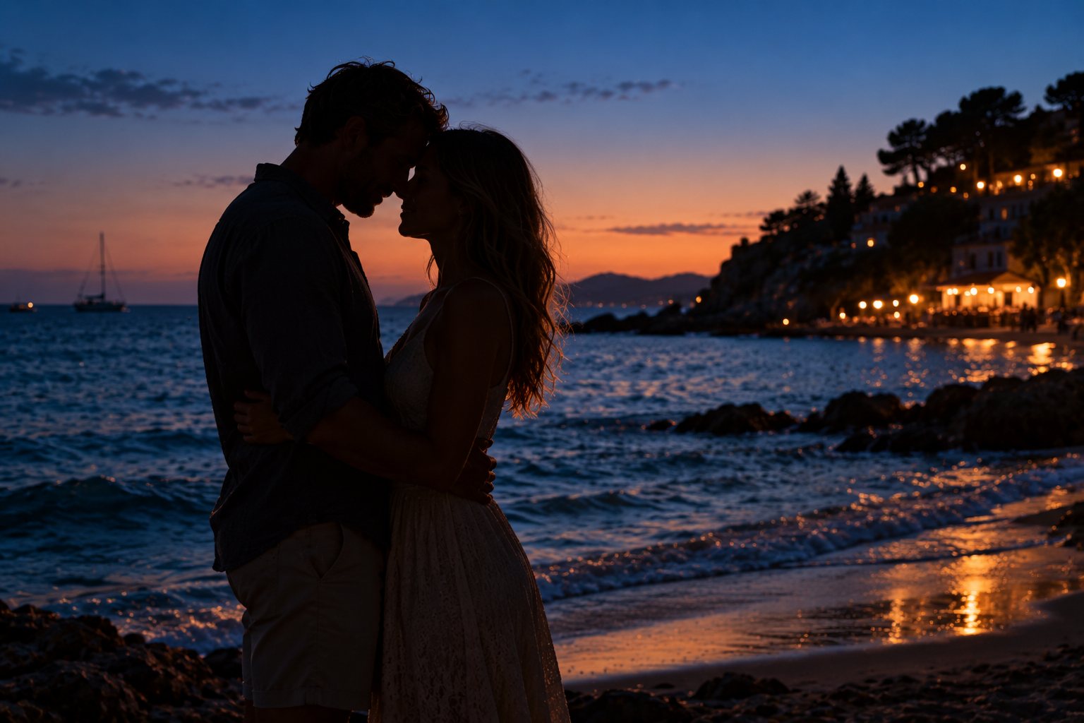 A couple in silhouette on a beach at twilight