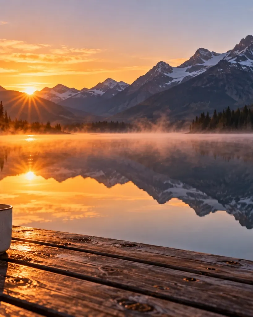 A memory on the journal's home: a lake at dawn, with a line from that morning