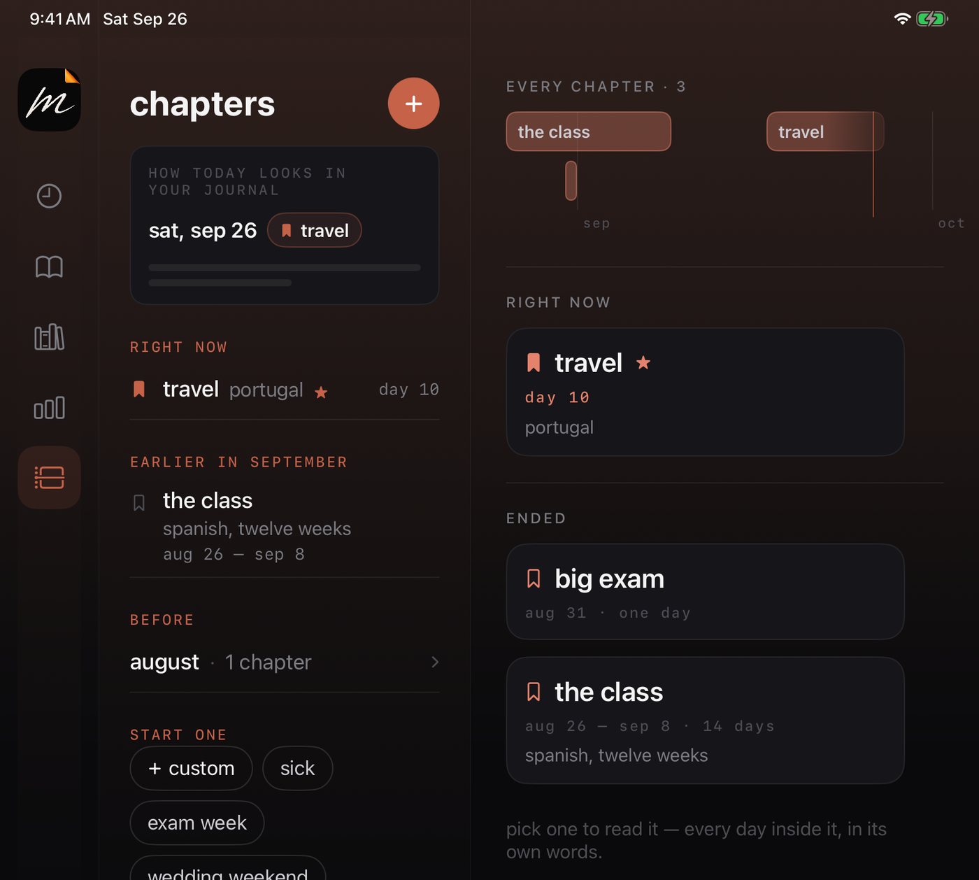 Mark on iPad: chapters beside a timeline of every chapter