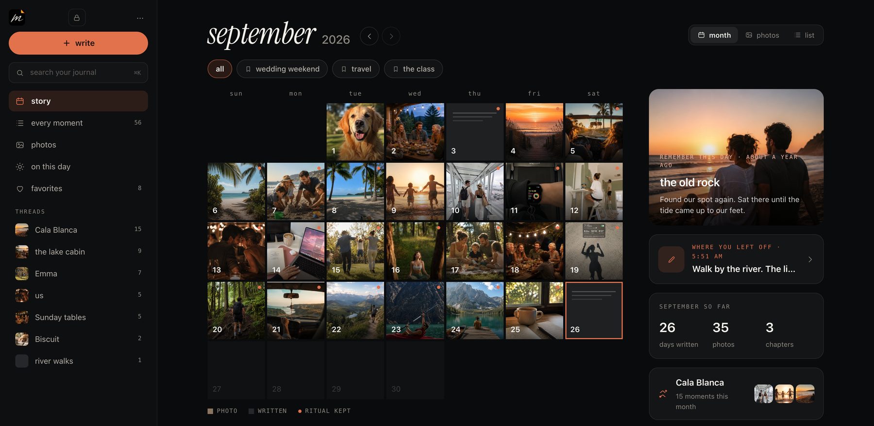 The Mark web journal: September as a calendar of photos, with chapters, threads and where you left off