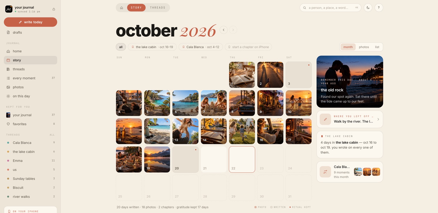 The Mark web journal: a month of moments as a calendar of photos, with the rituals kept on each day